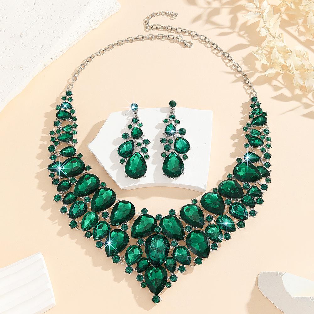 European Grand Green Crystal Necklace & Earring Set for Bride