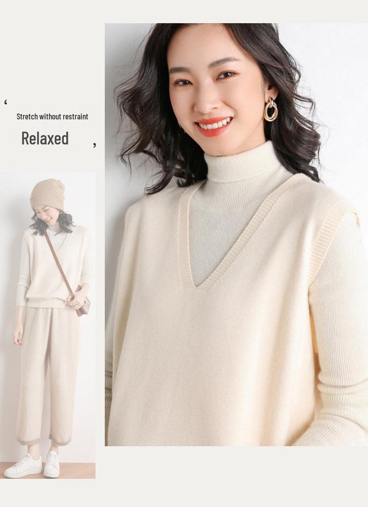 Women's Solid Color V-Neck Knit Vest - Sleeveless, Loose, Autumn/Winter