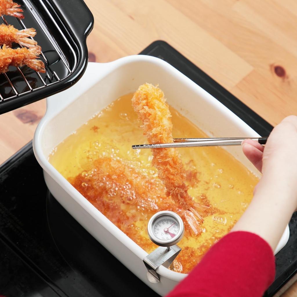 Fuji Enamel Square Tempura Pan, Wide, with Stainless Steel Chopsticks Set (TP-22K.W) - Large Size, Square Enamel Fryer, Thermometer, and Rack