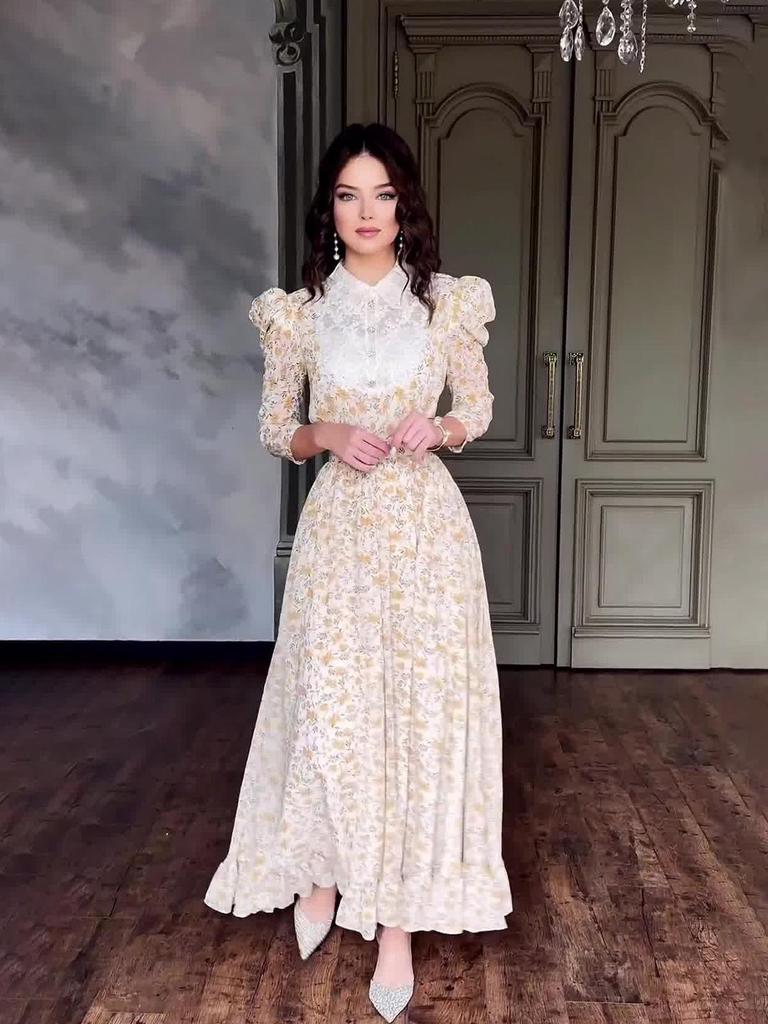 2024 Floral Lace Lapel Slim Fit Dress with Doll Collar