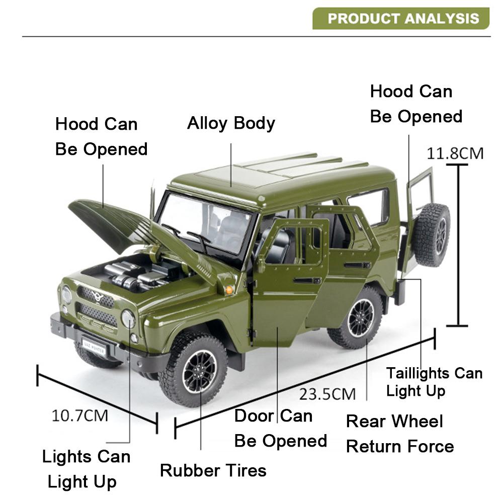 1:18 Scale Russia UAZ Hunter RV Model Car Toys Alloy Diecast Off-road Vehicles Sound Light Doors Opened Pull Back for Boys Gifts