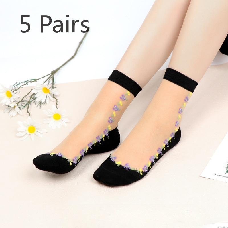 5 Pairs of Women's Spring and Summer Thin Ice Silk and Cotton Bottom Crystal Silk Anti Hook Silk Stockings