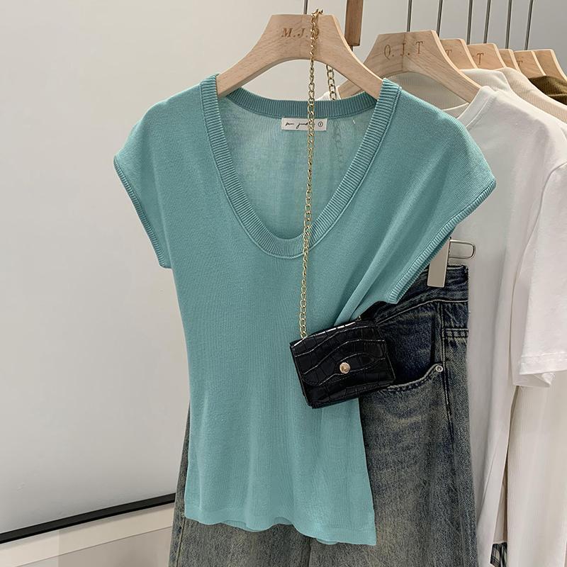 

Women s Clothing Summer 2024 New All-match Solid Color Fashion Minimalist Round Neck Short Sleeve Slim Fit Knitted T-shirts Tops S синій