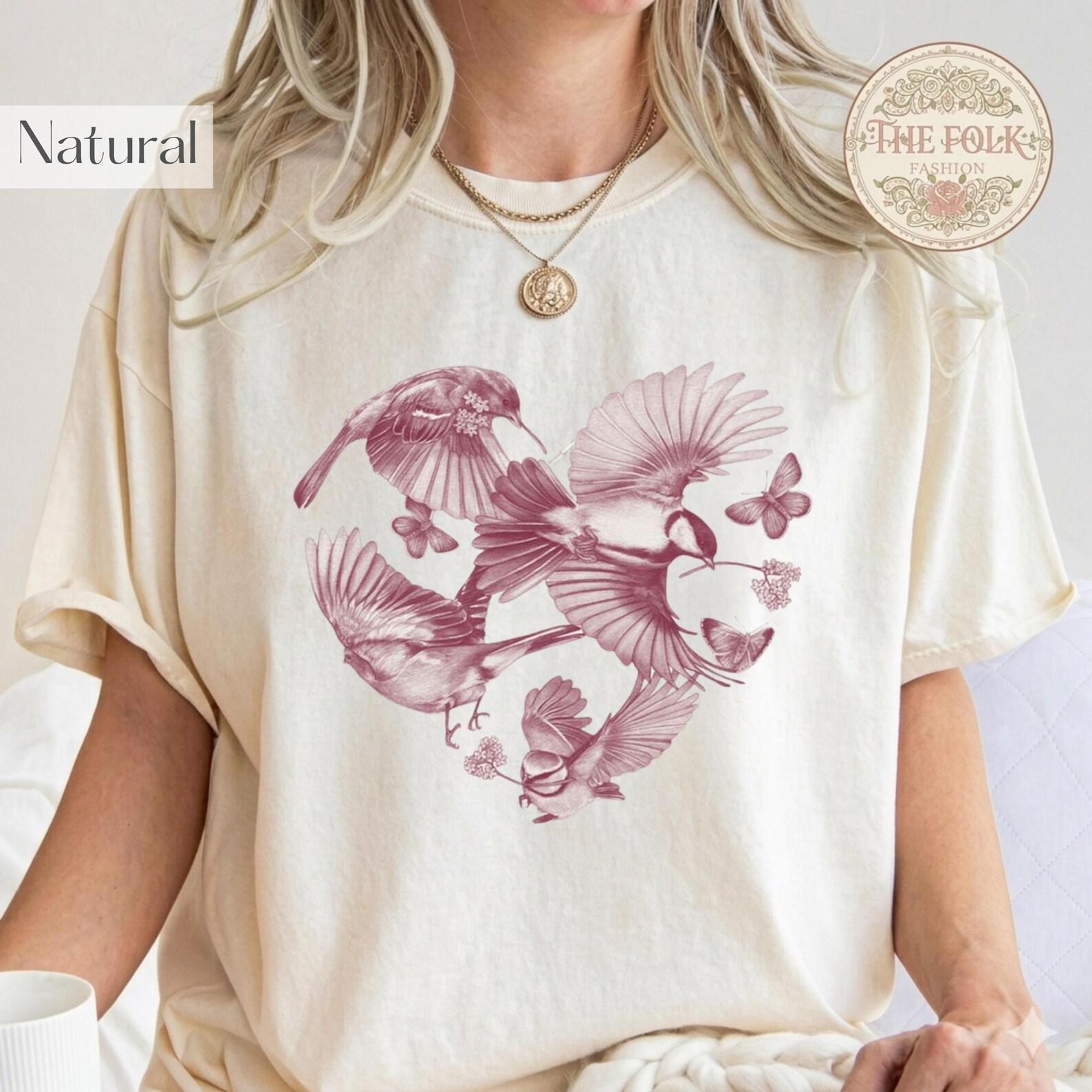 Vintage Bird Heart Shirt, Cottagecore Aesthetic Bird Tee, Retro Bird Watcher Gift, Mauve Bird Floral T-Shirt, Nature Lover Heart Graphic Tee 4XL
