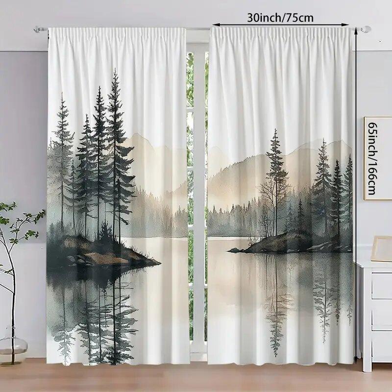 2 Stück - Vorhänge mit Aufdruck von Seelandschaftsmustern, Stangentaschenvorhänge, Heimdekoration, Raumdekoration