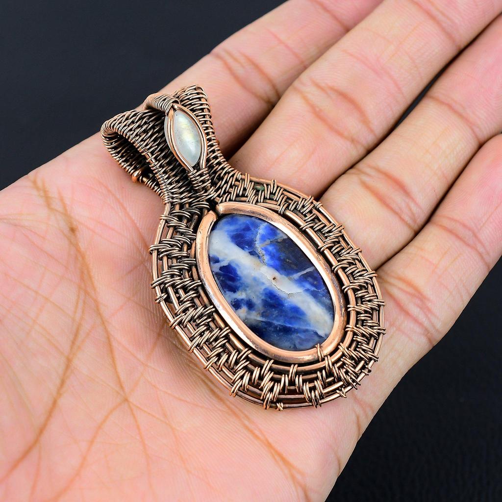Wonderful Sodalite & Moonstone Gemstone Handmade Pure Copper Wire Wrap Jewelry Pendant