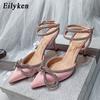 Spring Style Glitter Rhinestones Silk Transparent Pumps Women Crystal Bowknot Satin Lady High Heels Party Prom Shoes