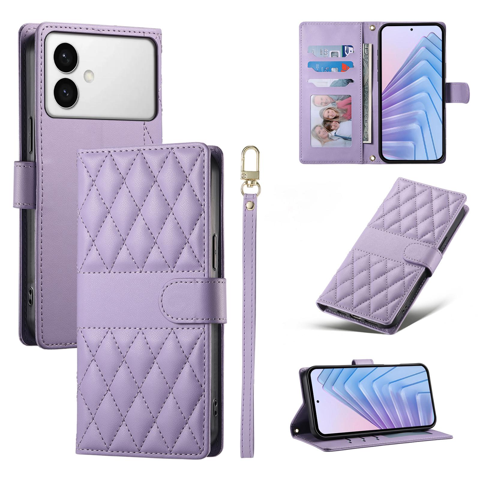 For Samsung Galaxy S26 Edge Wallet Case Rhombus Stitching Stand Leather Phone Cover with Long/Short Strap