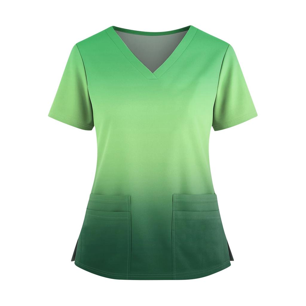 Women's Fashionable Printed V Neck Double Pocket Short Sleeved Shirt With Slit Hem Uniform And Worker Top