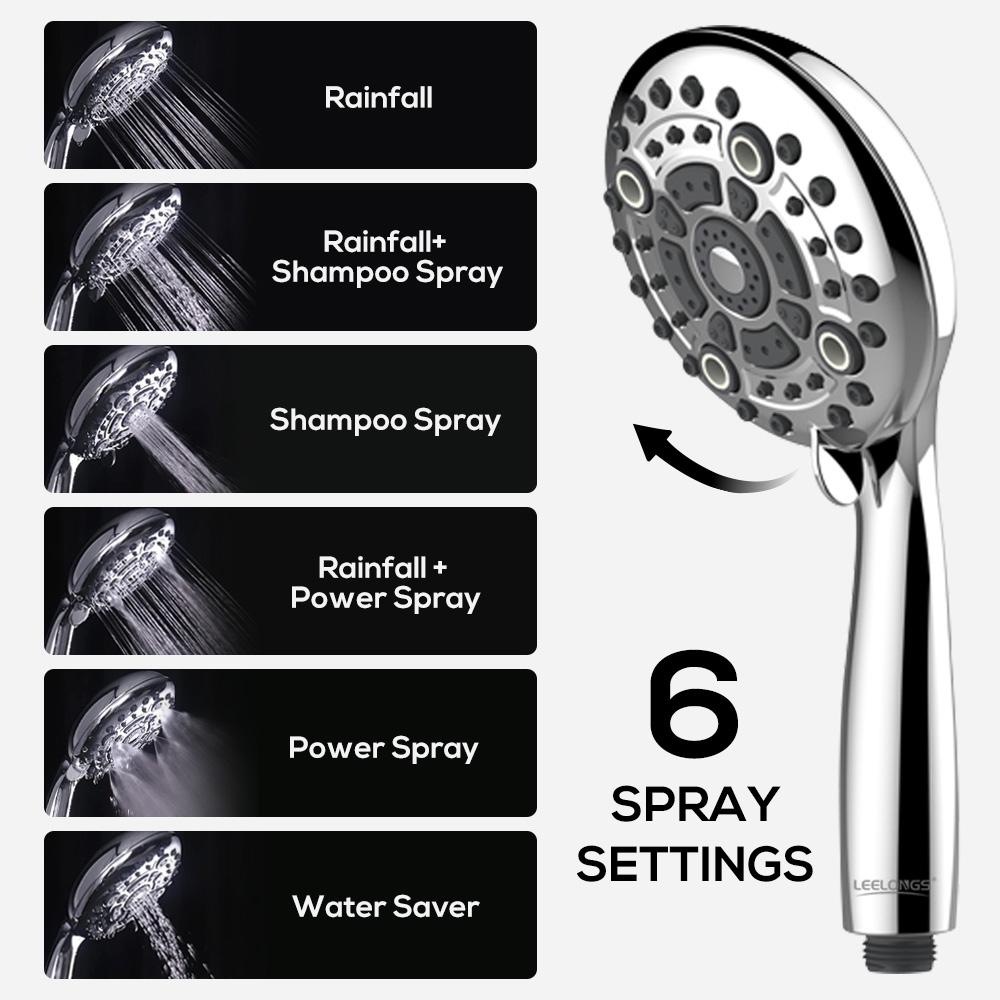 6 Functions High Pressure Chrome Water Saving Shower Mist Spray Bath Handheld Shower Head with Bracket and Hose for Bathroom