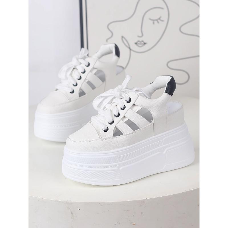 Fashion 11CM Hollow Full Cow Genuine Leather Women Summer Shoes Platform Sneakers Wedge Hidden Heel Women Summer Sandals Platform