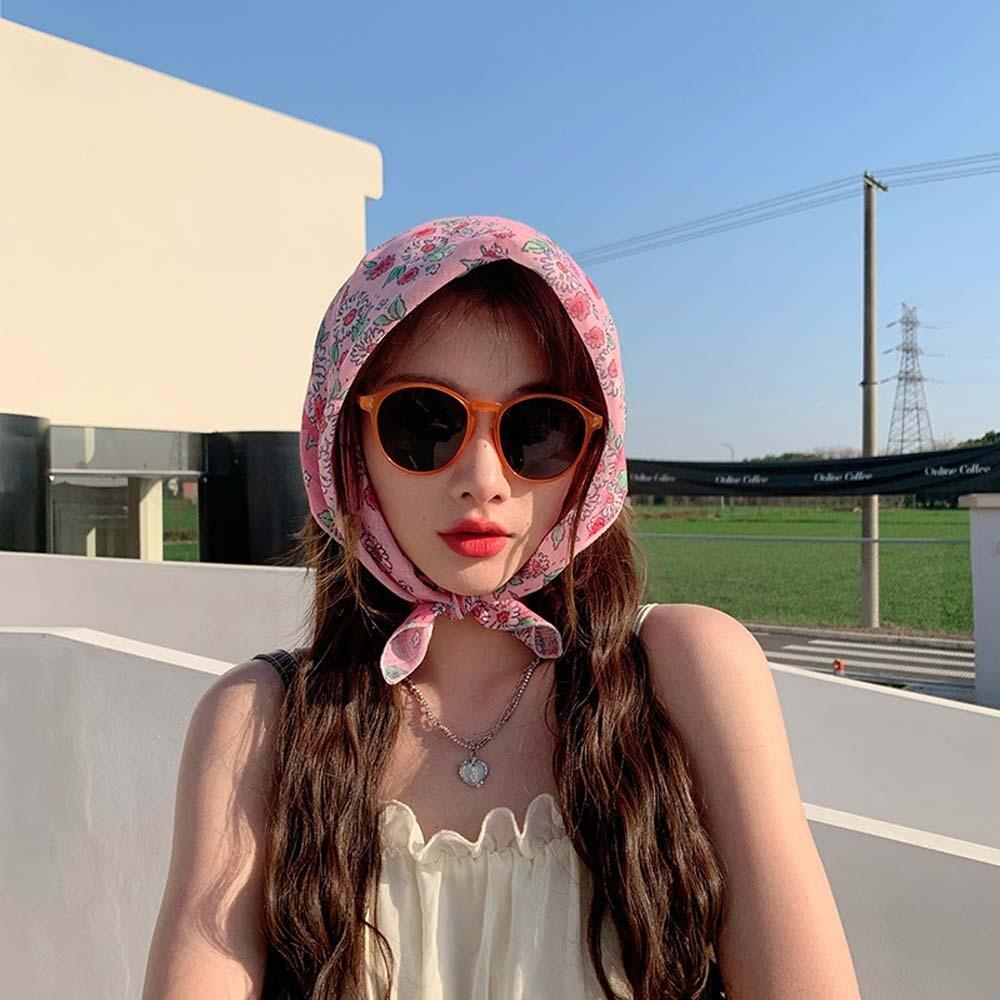 Breathable Spring Silk Scarf Sweat-absorption Square Hijab Scarf Flower Printed Headscarf  Girls