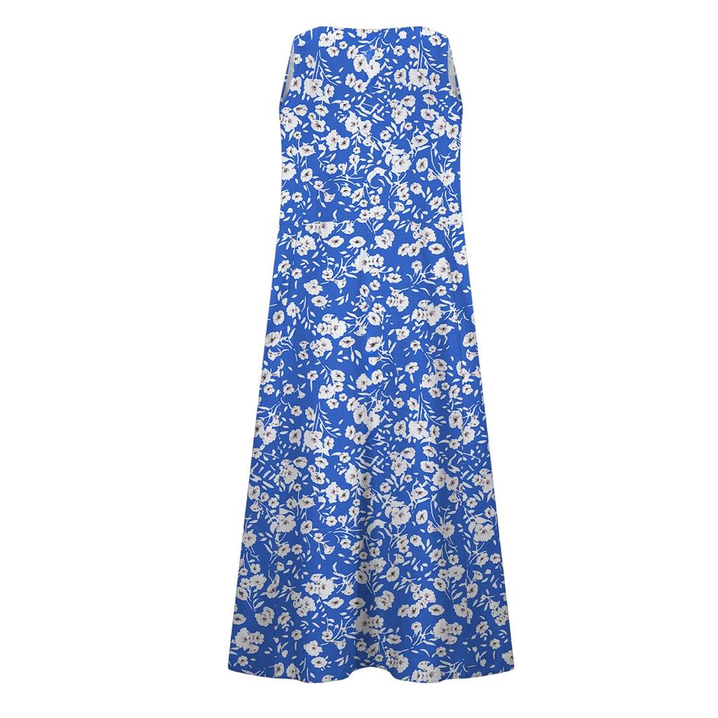 Women's Fashion Round Neck Sleeveless Pleated Beach Dress With Pockets Long Floral Dresses
