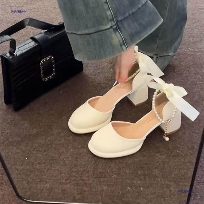 Retro high heels temperament versatile dress shoes new daily bow heightening Mary Jane shoes