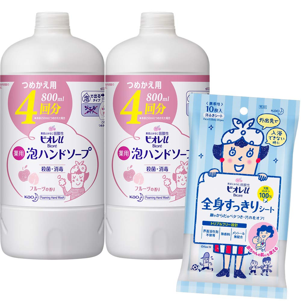 Biore u Foaming Hand Fruit Refill x Biore u Body Cleansing Sheets [Quasi-drug] Soap, Scent, (2 800ml) + (10 sheets)