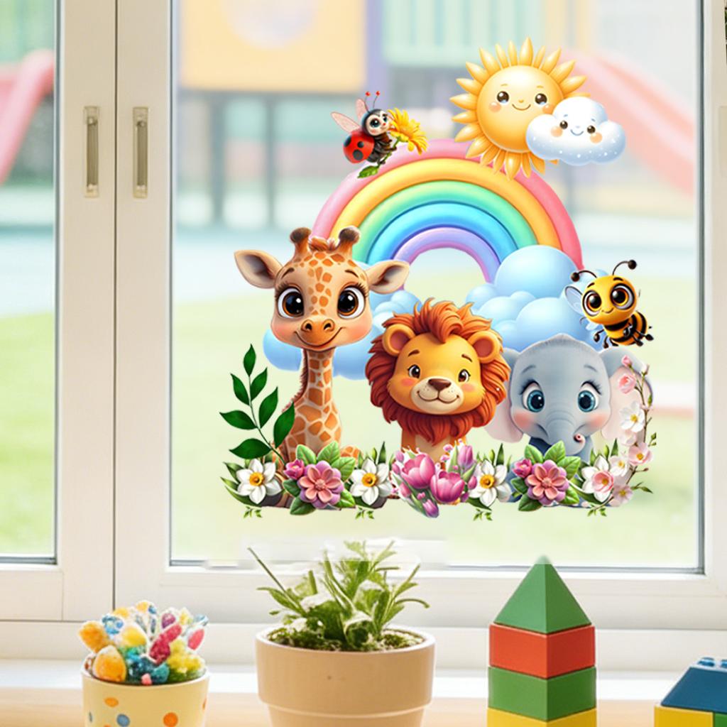 Cartoon Animal Park Static Electricity Glass Stickers for Children's Room, Bedroom and Living Room Wall Decoration Stickers