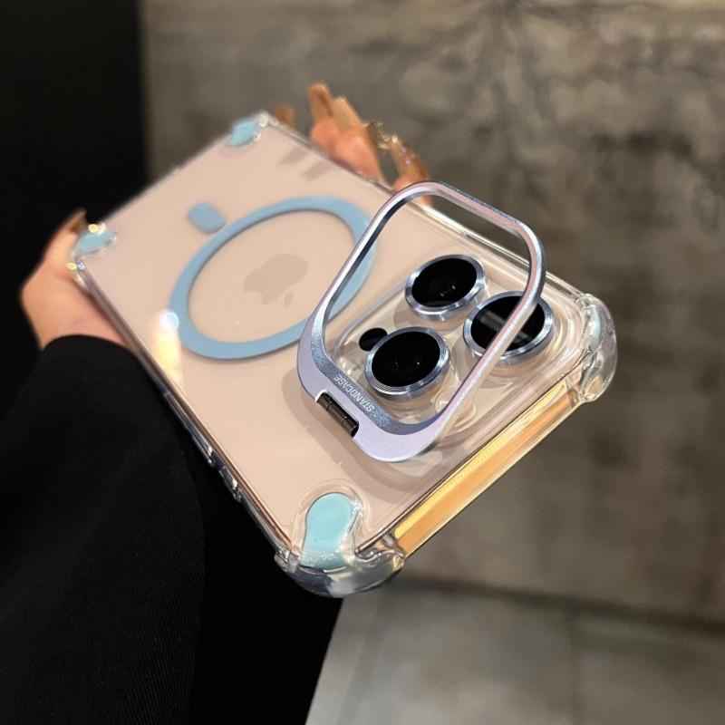 Transparent Acrylic Magnetic Shockproof Phone Case With Camera Lens Stand For Iphone