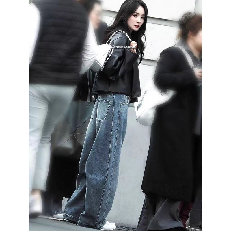 Yang Mi Style Blue Wide-Leg Jeans for Women 2026 Spring and Autumn New Retro High-Waisted Slimming Loose Fit Curved Pants