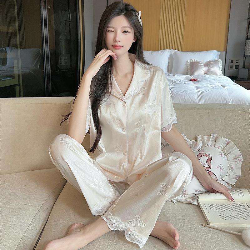 Sweet Butterfly Satin Ice Silk Jacquard Pajamas Women'S Lace Summer Short-Sleeved Comfortable Loungewear Set