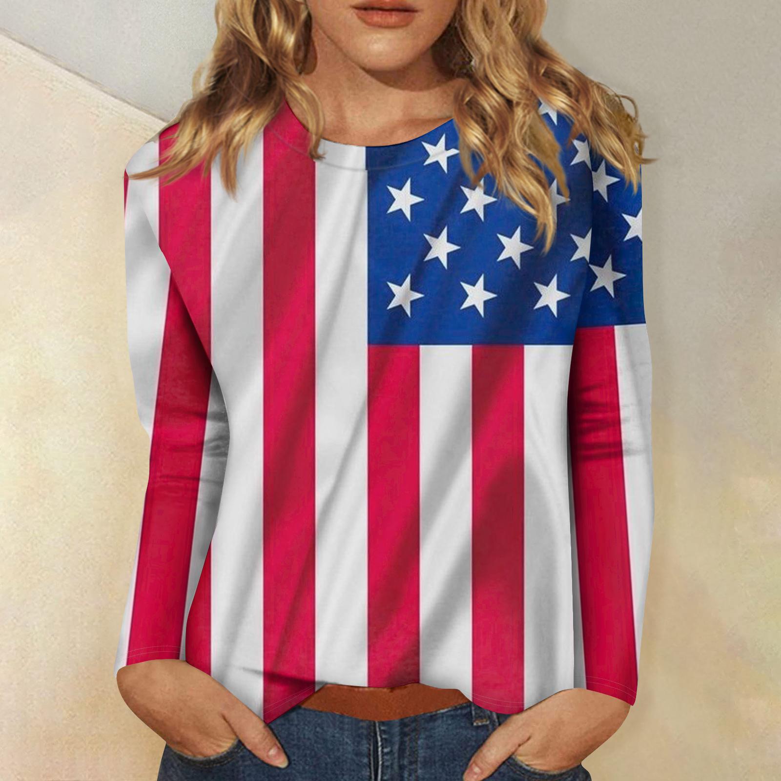 

Long Sleeve Crew Neck Top with and Flag Print Pullover Lightweight Casual Fit Comfortable Shirt L синий