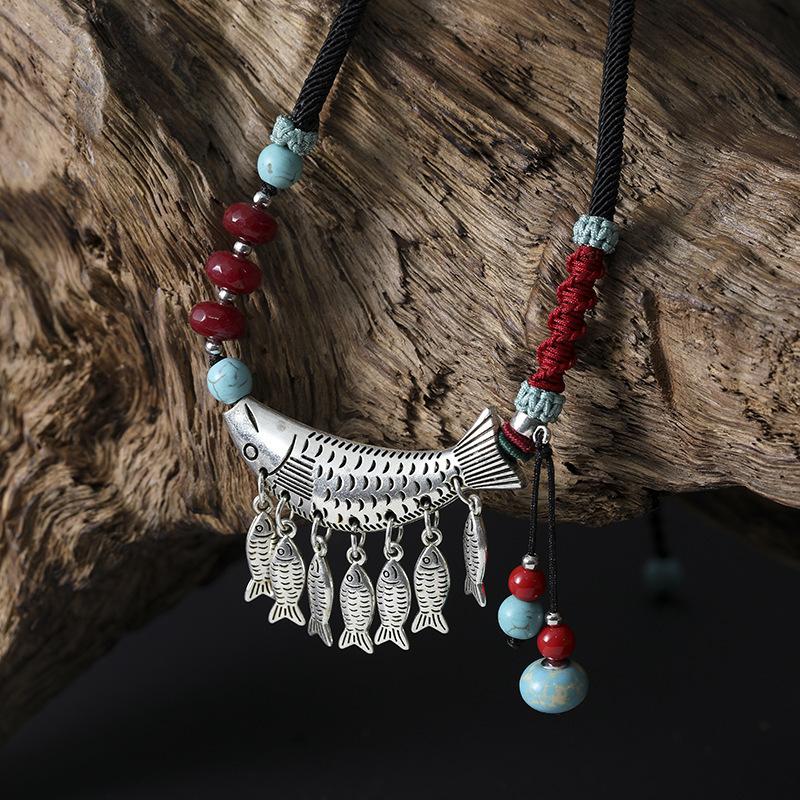 Original design woven dogfish fringed pendant women's necklace fashionable retro Tibetan silver collarbone chain accessories