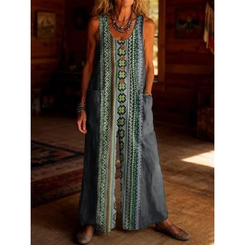 2026 Women's Vintage Summer Cotton and Linen Button Pocket Comfortable Sleeveless Casual One-piece Wide Leg Jumpsuit