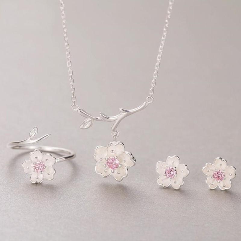 Silver Cherry Blossom Flower Cubic Zirconia Stone Jewelry Sets for Women Floral Necklace Bracelet Earring Ring Wedding Set