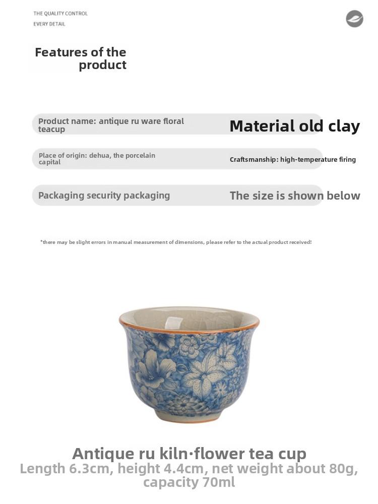 Blue White Floral Ceramic Tea Cup Ru Kiln Style Personal Master Cup for Gongfu Tea Home Use Handmade Chinese Porcelain Gift