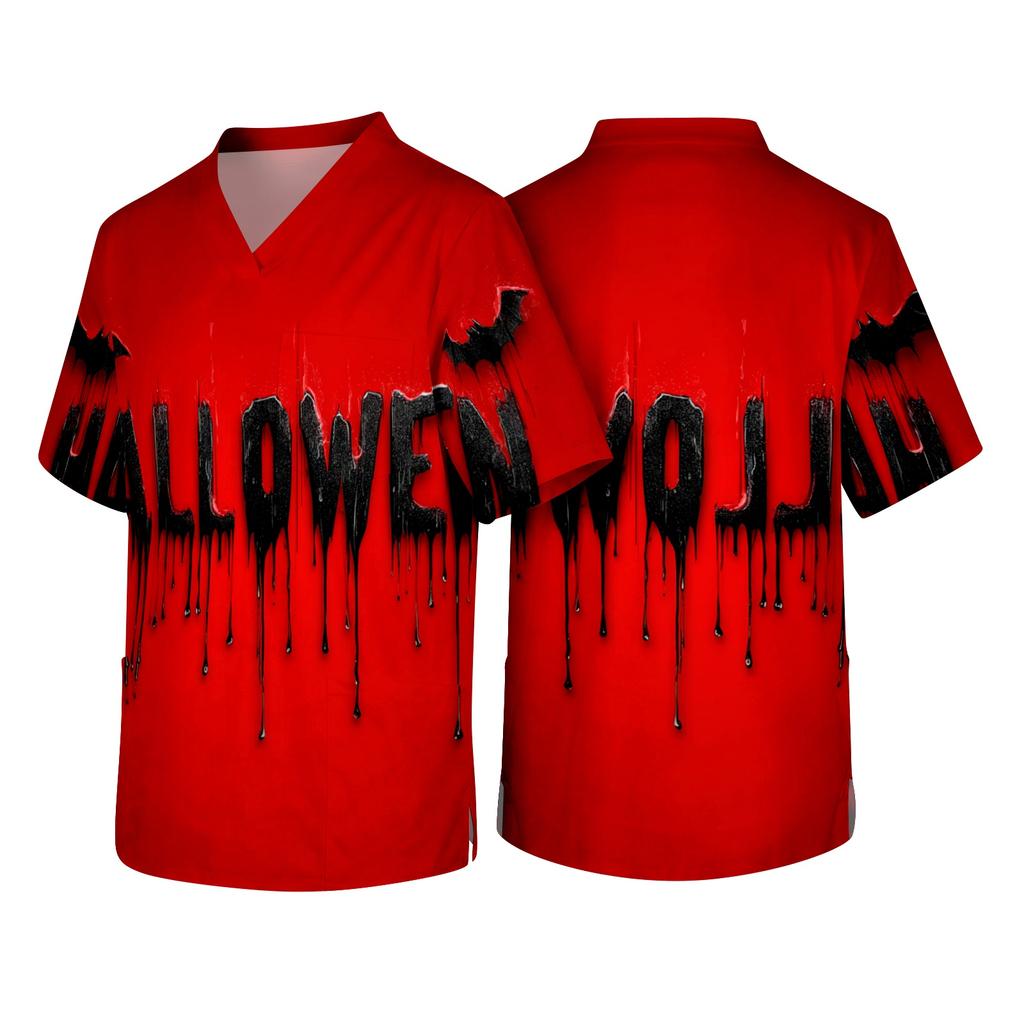 Men's Short Sleeve V Neck Halloween Print Chest Pocket Workwear Shirt with Cowboy Graphic Design for Casual Wear