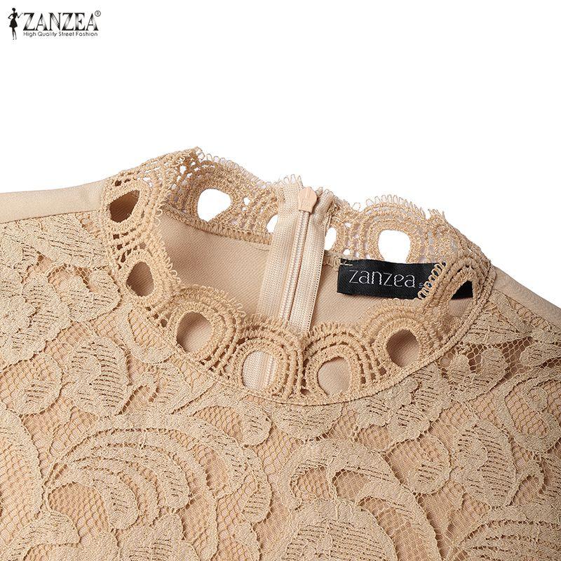 ZANZEA Women Casual Round Neck Long Sleeve Elegant Lace Crochet Patchwork Dress