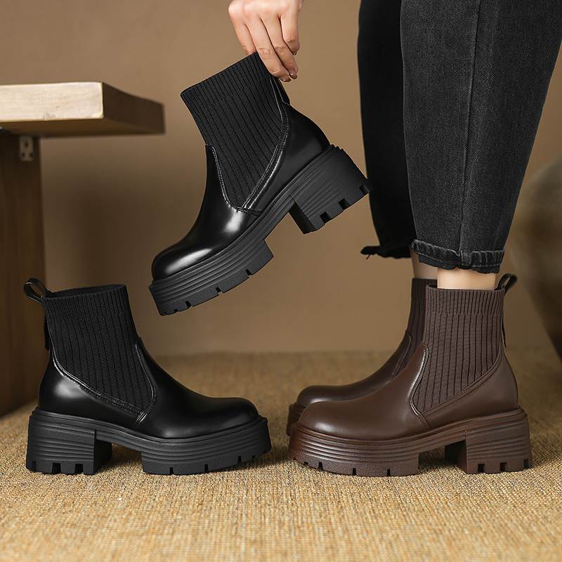Krazing Pot Microfiber Autumn Winter Shoes Thick High Heels Thick Bottom Size 43 Motorcycle Boots Stretch Knitwear Ankle Boots