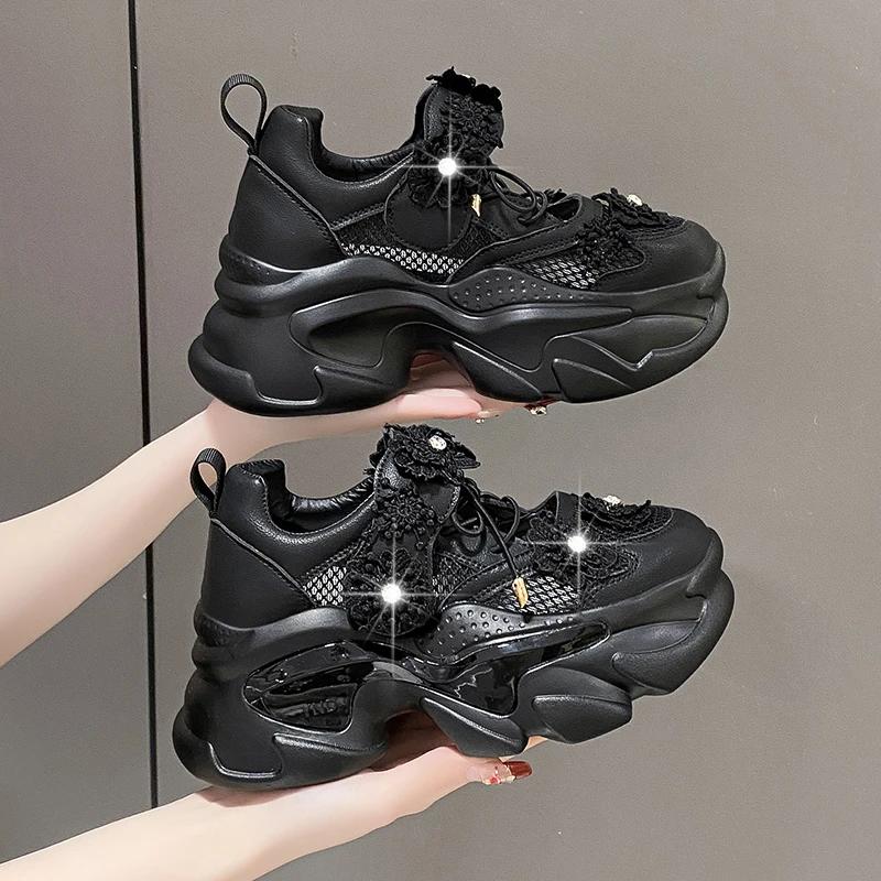 Fashion Women Platform Casual Breathable Crystal Flower Shoes Summer Chunky Sneakers 7.5CM Hidden Heels Hollow Leisure Shoes Woman