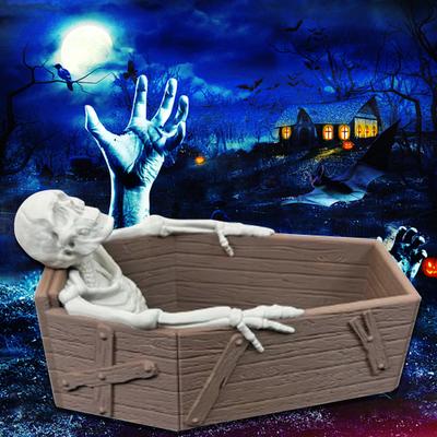 Gothic Halloween Candy Holder Casket Shape Candy Box with 3D Skeleton Figurine Spooky Desk Candy Bowl Small Serving Tray for Halloween Party Favors