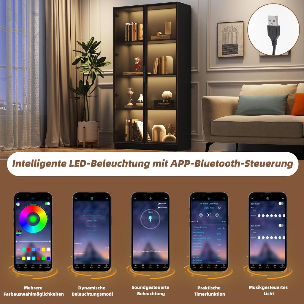 Glasvitrine LED-Lichtern 2er-Set, doppeltürige Schwarz viel Stauraum, Modern Einlegeböden, Bücherschrank Standvitrine Wohnzimmer Büro