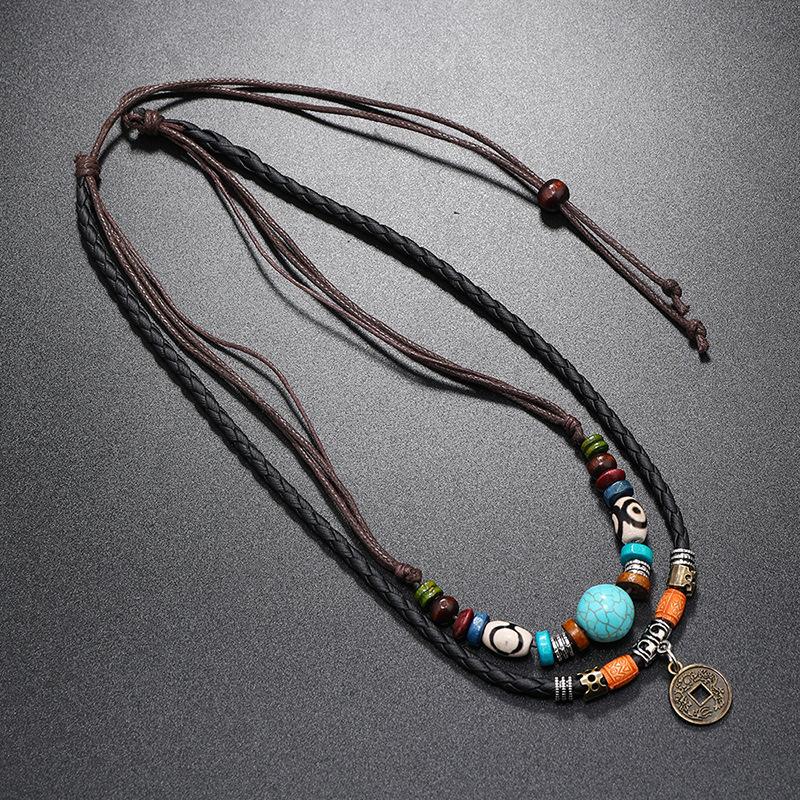 Multi-Layer Vintage Coin Pendant Leather Beaded Weaved Prayer Necklace Fashion Jewelry Gifts