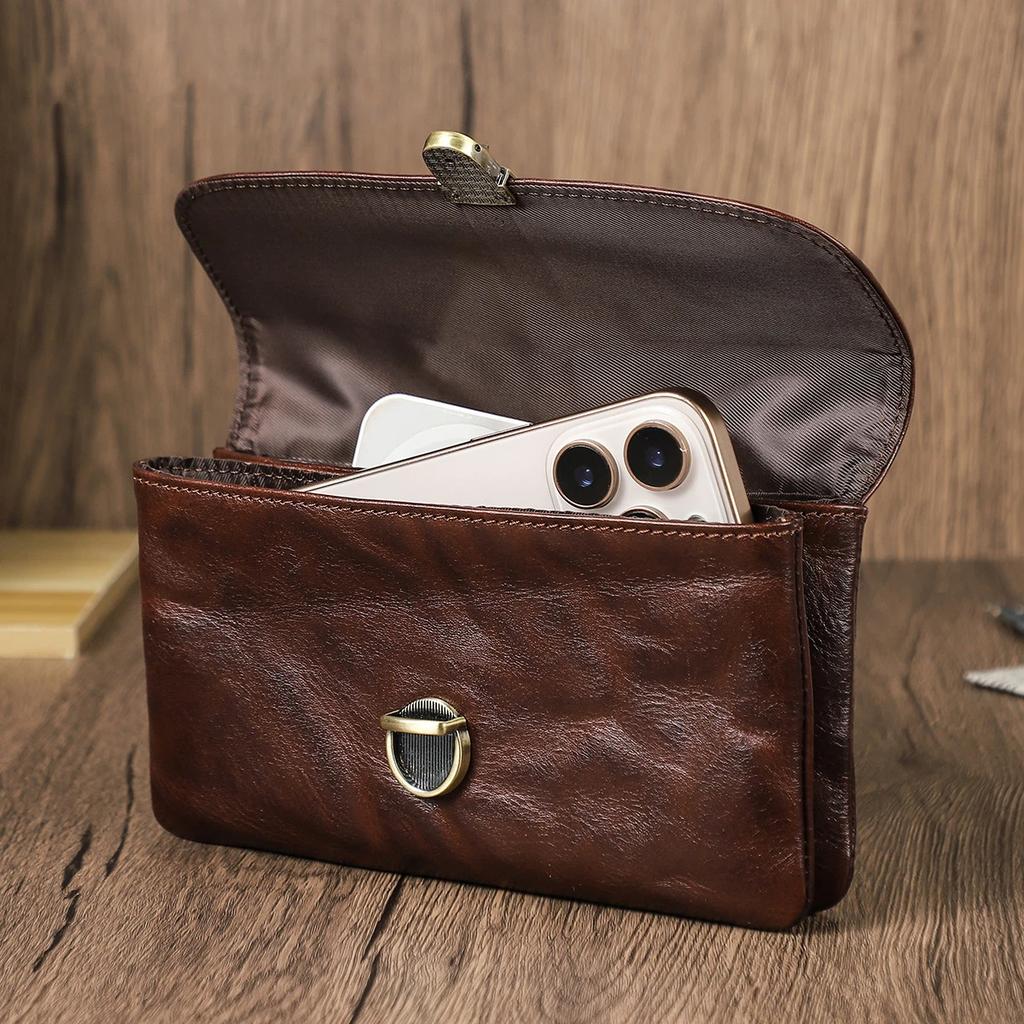 Genuine Leather Waist Phone Bag for Men Full Grain Leather Fanny Bag Waist Pack 6.9" Phone Pouch for iPhone 16 17 Pro Max