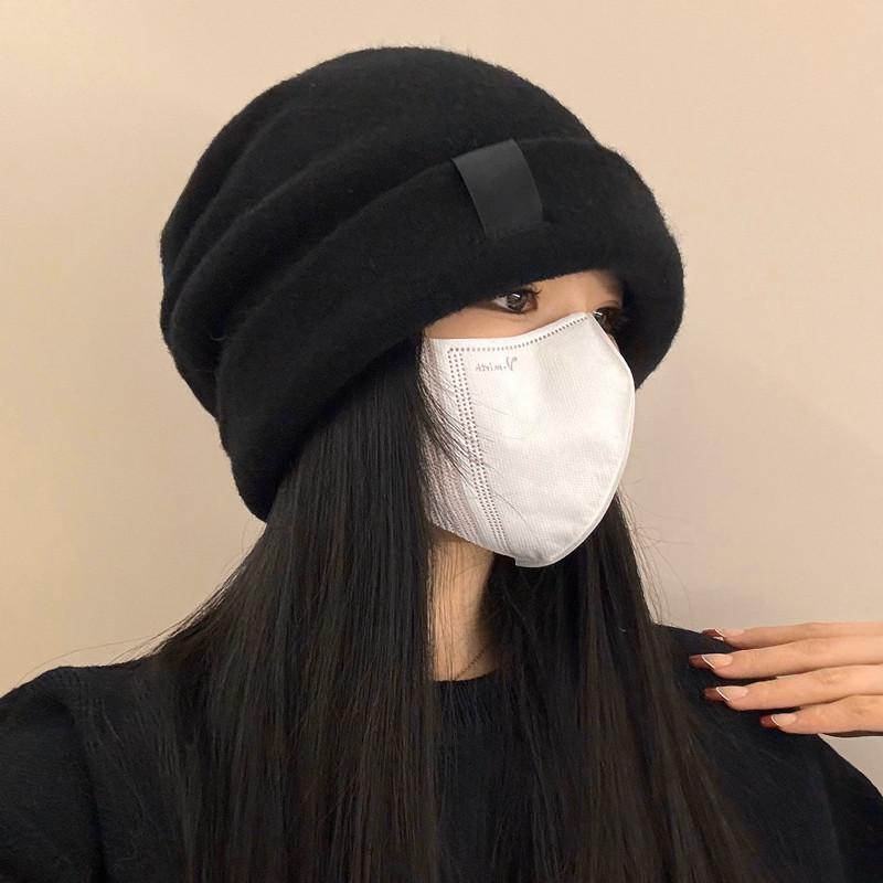 Knitted pile cold hat women's autumn and winter wool blended bald hat warm ear protection versatile face small hat advanced sense