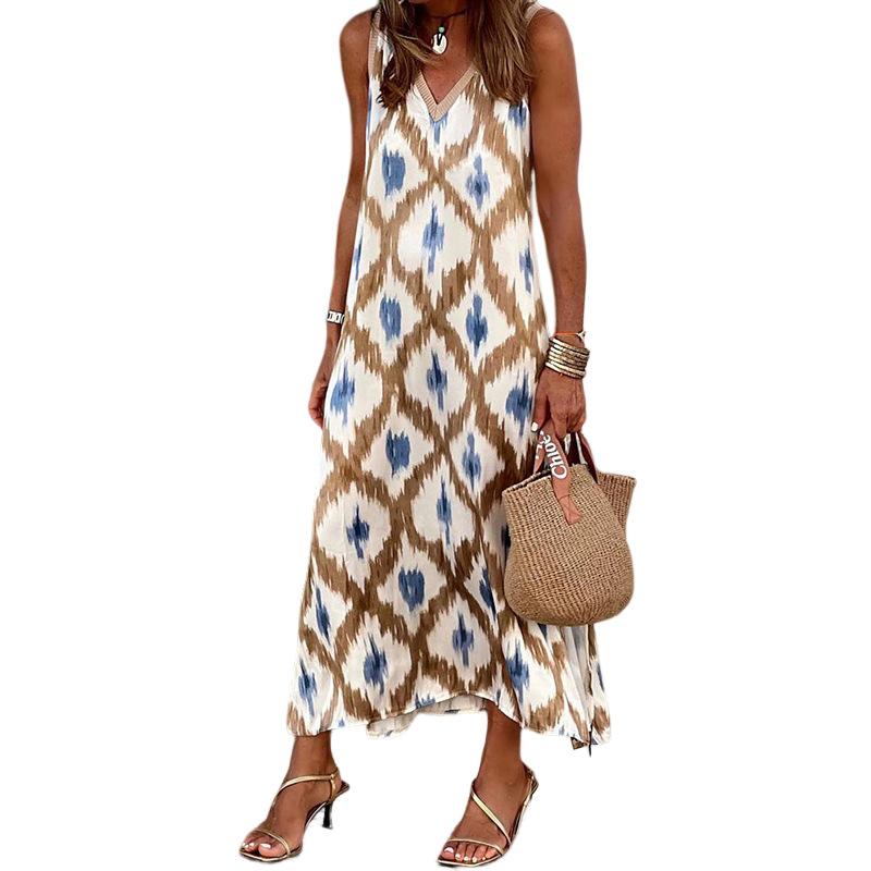 Summer Women's Dress Fashion Temperament Printed V-Neck Split Mid-Length Dresses