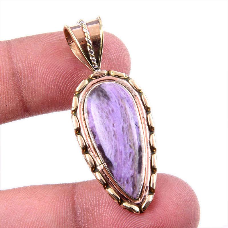 

Natural Charoite Gemstone 925 Solid Sterling Silver Two Tone Pendant 1.75 F6W67