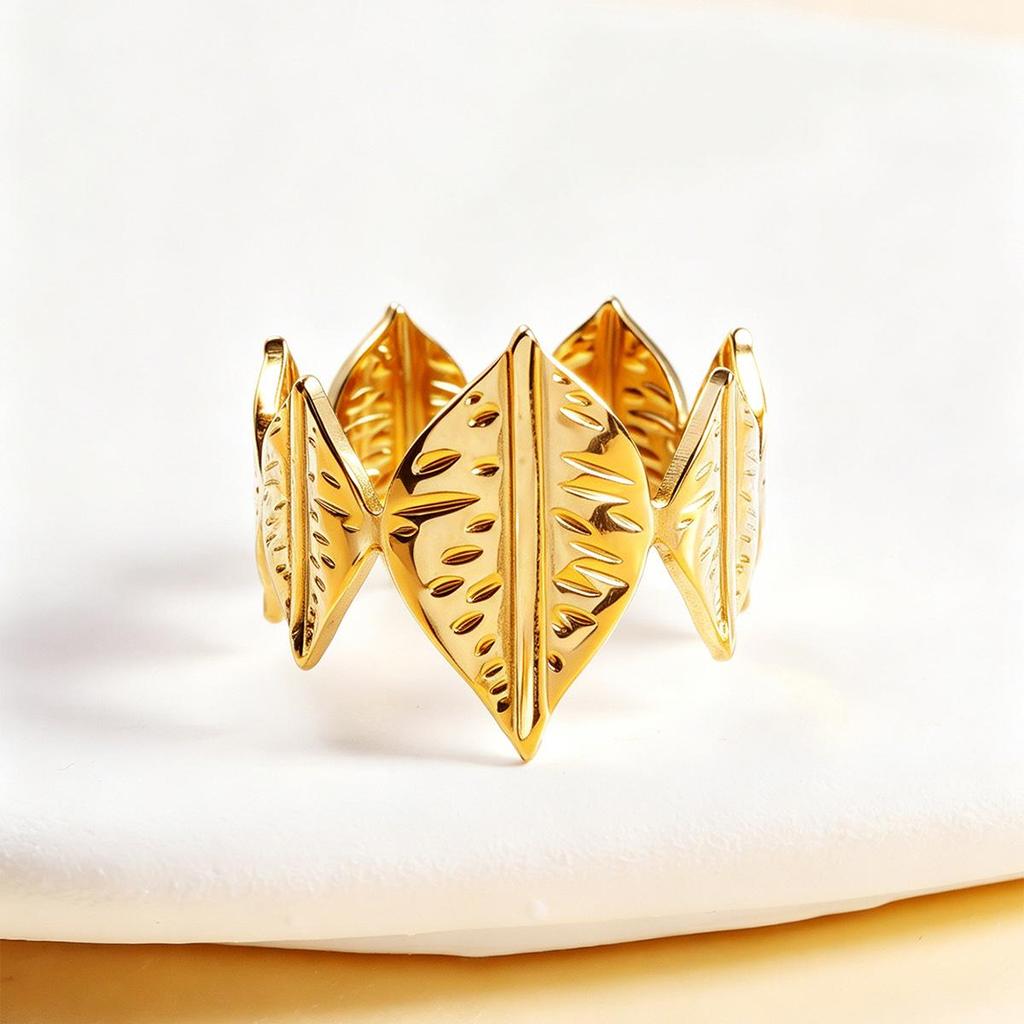 Chic Cross-Border Style Wide Leaf Stainless Steel Ring, Retro Open Design, Vacuum Plated In 18K Gold