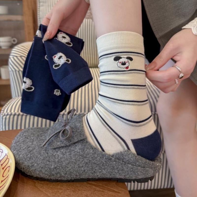Cute Embroidered Cartoon Flocked Striped Color-blocking Puppy School Style Tubular Women's Socks Boneless Pure Cotton Pile Socks for Autumn and Winter