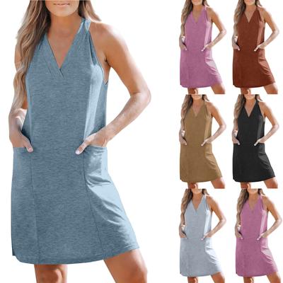 Women's Summer Sleeveless  Dress Casual Loose V-neck Tank Top With Pockets