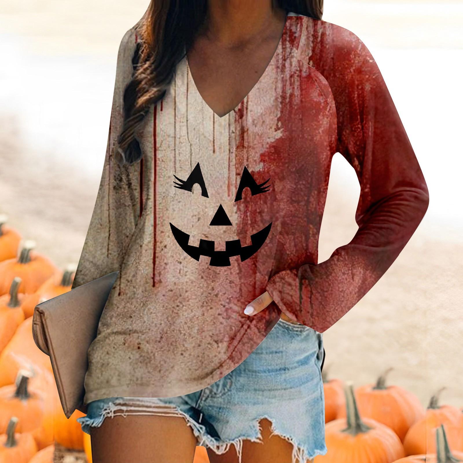 

Женская футболка с длинным рукавом и V-образным вырезом, повседневный, удобный топ с принтом на Хэллоуин XXXL винный