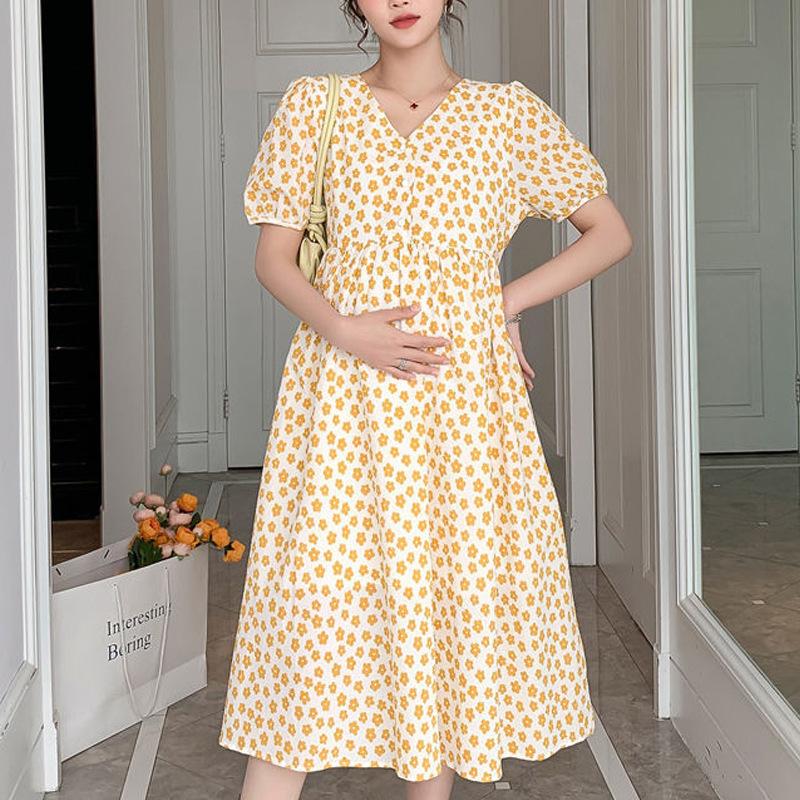 

Летняя одежда для беременных средней длины с застежкой, можно кормить грудью, с цветочным принтом, для выхода в свет, тонкое платье M recommends 85-52.5 kg