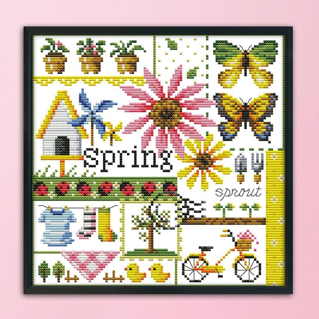 14CT Stamped Artwork DIY Four Seasons Printed Cross Stitch Kits for Home Decor