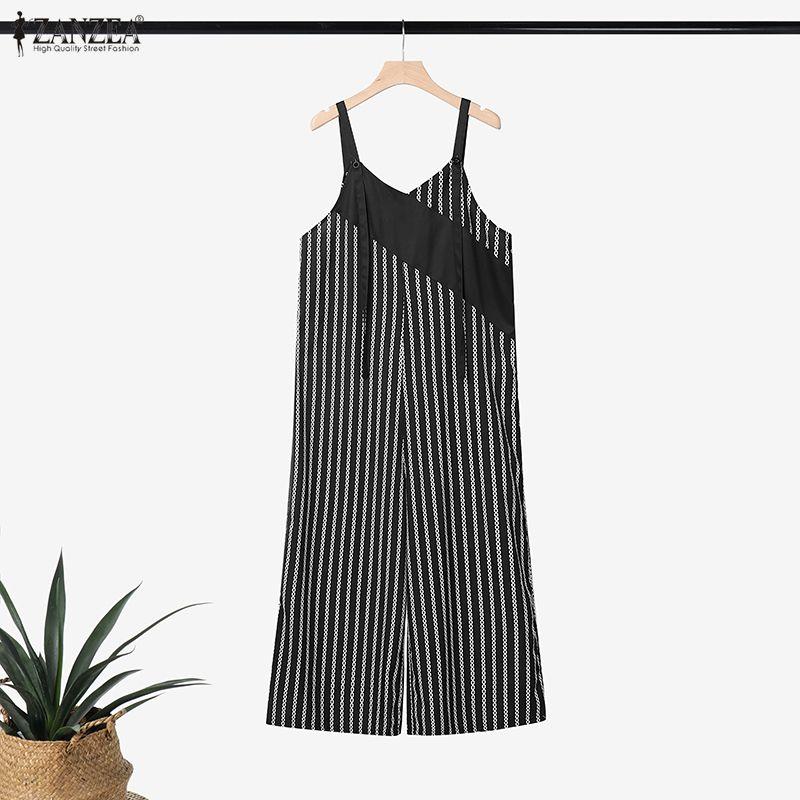 ZANZEA Womens Stripe Print Loose Casual Sleeveless Dungarees Wide Leg Jumpsuits