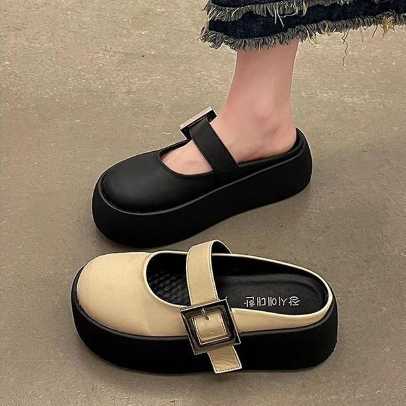 Round Toe Platform Buckle Heeled Women's Slippers and Ladies Sandals Easy Wears Shoes Summer 2025 Designer Luxury Trend Slides