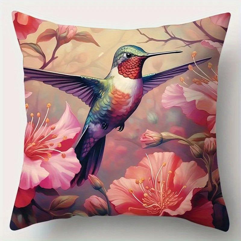 Vibrant Hummingbird & Floral Pillowcase: Colorful Tropical-Themed Cushion Cover For Home Sofa Decor