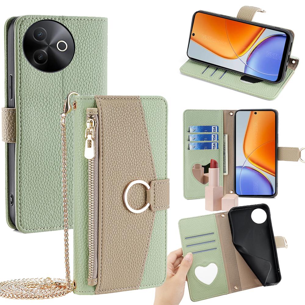 

For vivo Y39 5G Case Mirror Wallet Leather Phone Cover with Chain Shoulder Strap Green