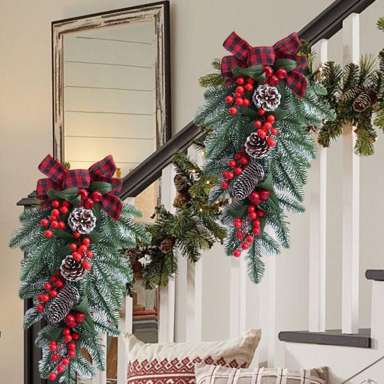 Christmas Swag Artificial Teardrop Swag Wreath with Pine Cones Red Berries And Bow Winter Door Hanging Swag for Front Door Stair Decor